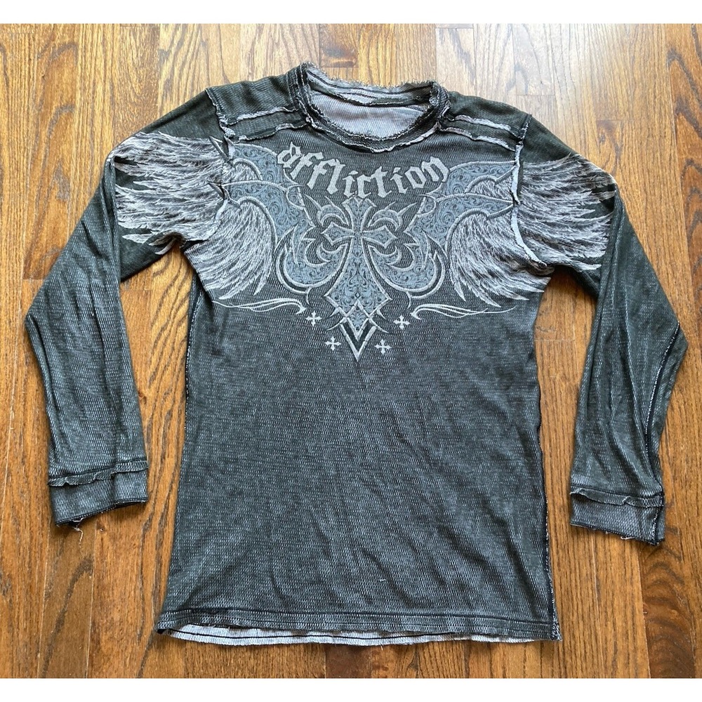 VTG Y2K Affliction Shirt Size XL Reversible Long Sleeve Wing Skull Gray MMA